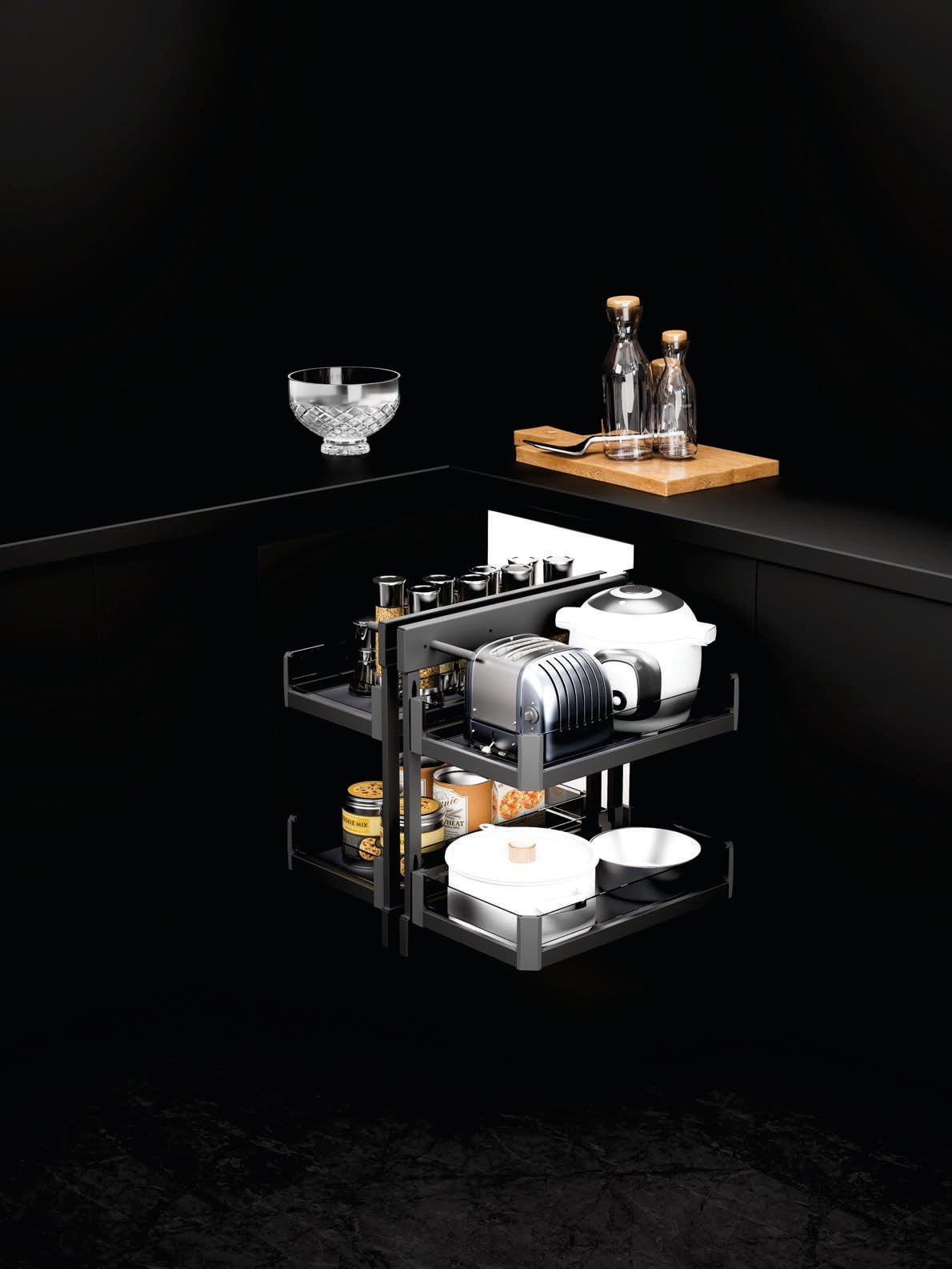 SUHAIL corner pull-out storage in a dark modern kitchen