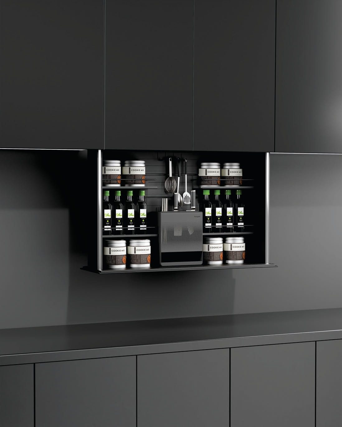 SUHAIL smart lift-up wall cabinet storage in a dark kitchen